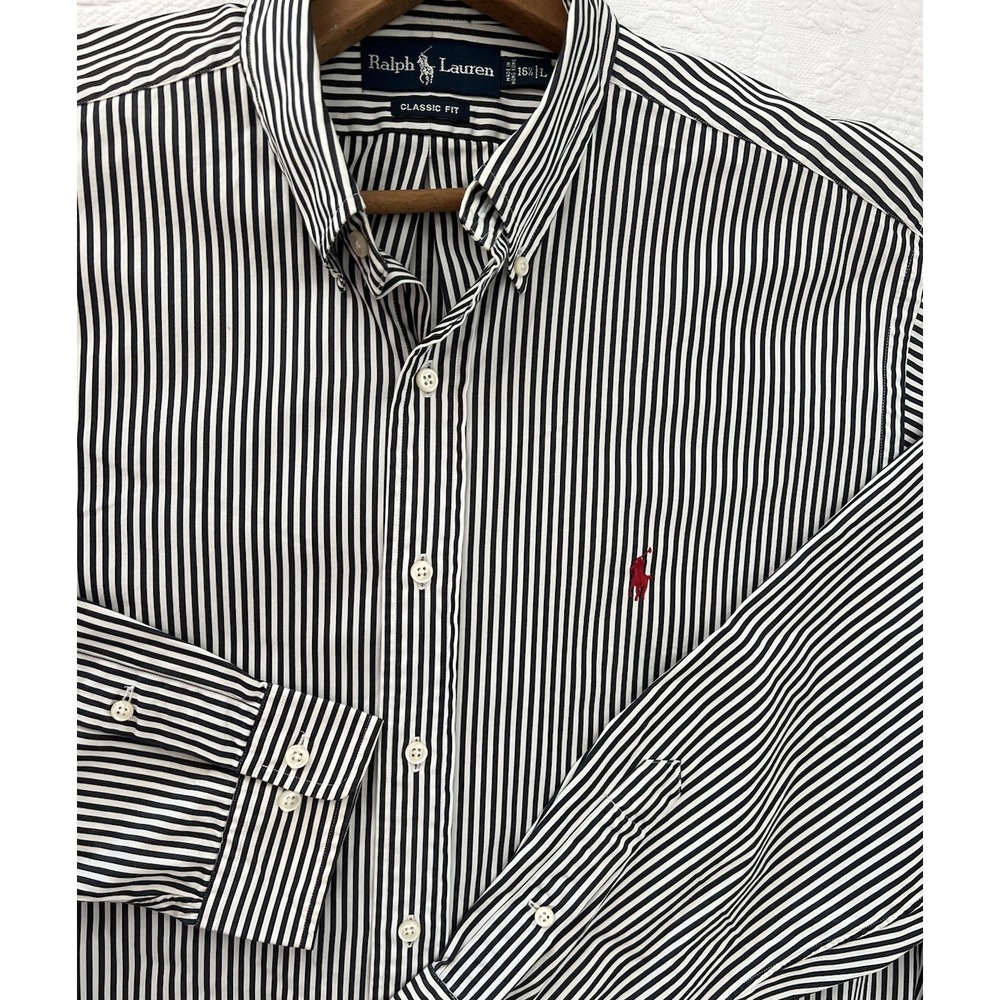 Vintage Ralph Lauren Classic Fit Shirt Mens 16.5 L Black White Stripe Red Pony